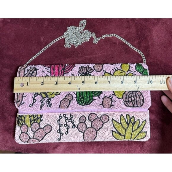 Pink HAND BEADED Club Bag Clutch Desert Cactus Snap Close With Chain Strap Purse - Picture 8 of 9